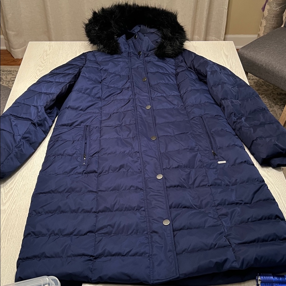 Lands' End Dark Blue Puffer Coat with Black Faux Fur Hood